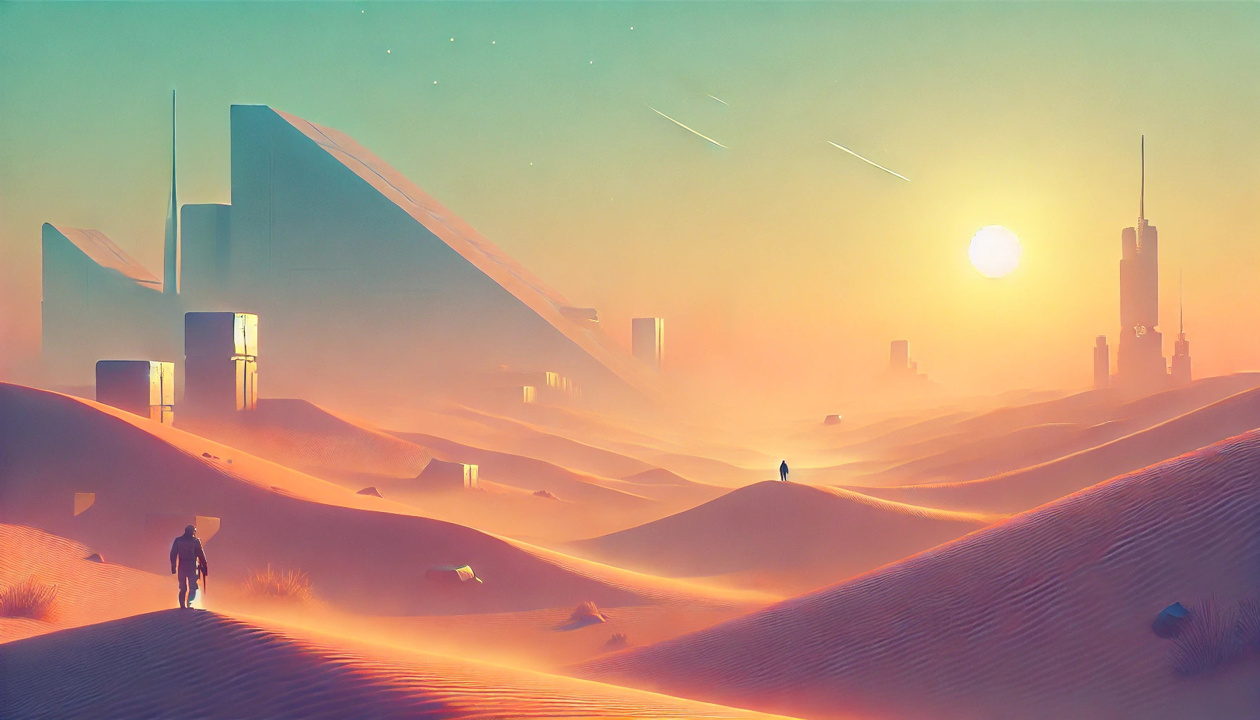 DALL·E 2024 08 03 13.48.57   A lofi sci fi art style image of a desert landscape with a gentle sunset. The scene features soft, pastel colors and a dreamy atmosphere. There are fu